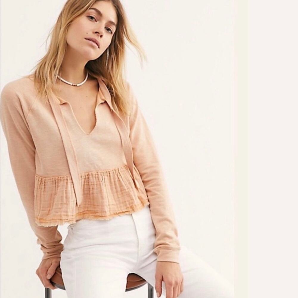 Free People Flowy Cropped Peplum Top Pullover Shell Pink Nude Boho Small
